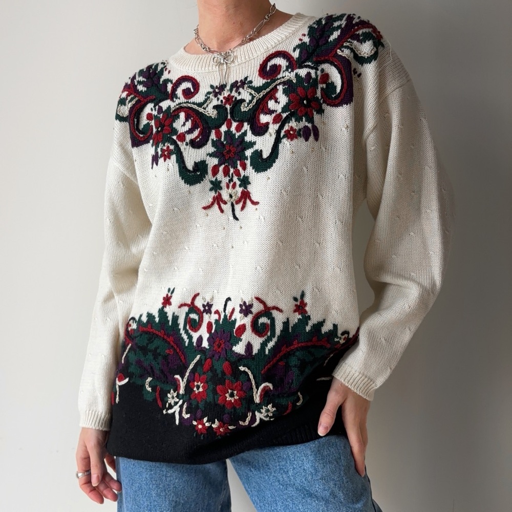 Vintage festive relaxed fit knit crew neck sweater 80s 90s